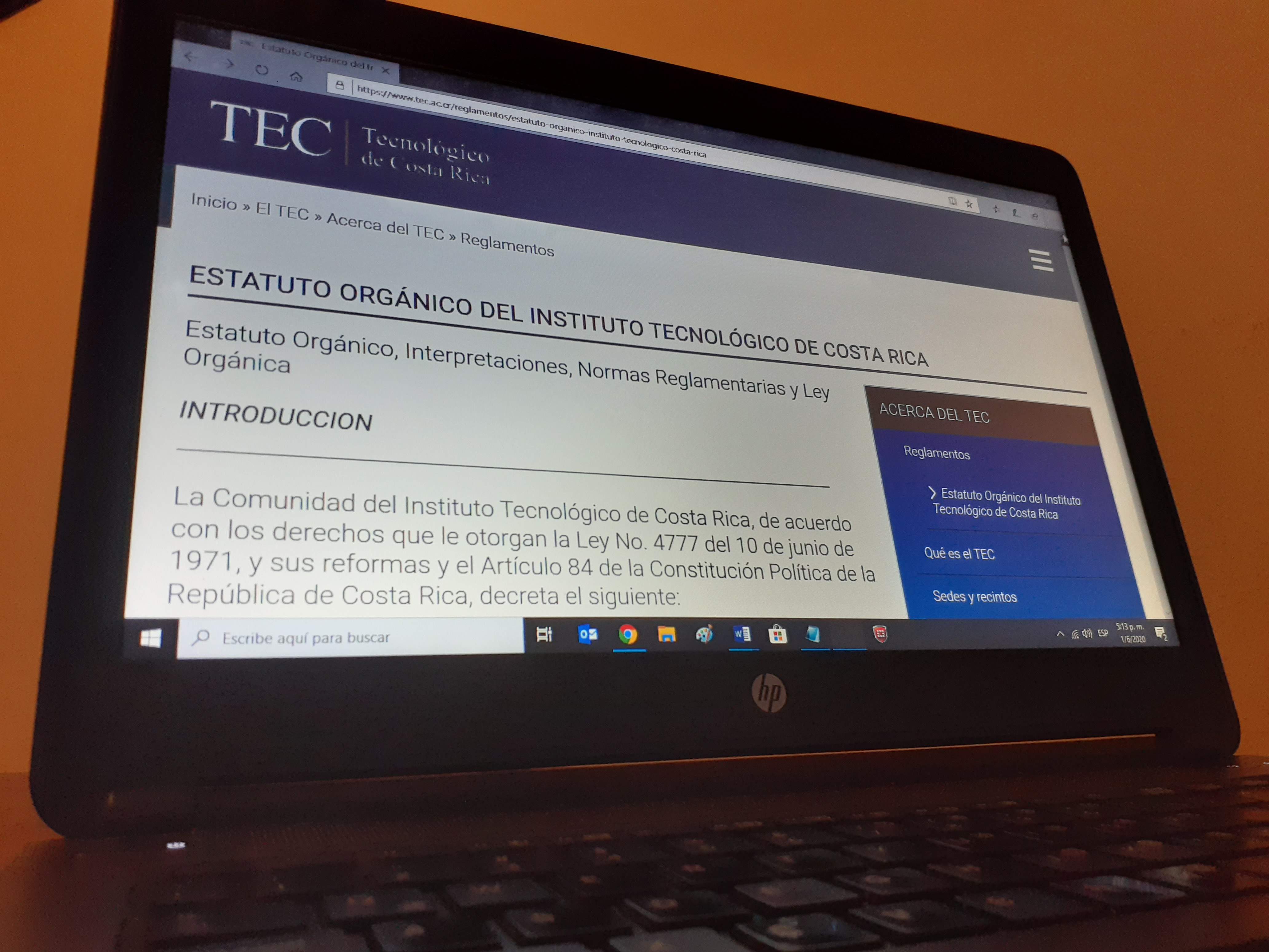 Pantalla de computadora con Estatuto Orgánico del TEC.
