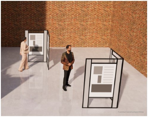 Ilustración de las estructuras en forma angular que permitirán la exhibición de los ocho paneles.