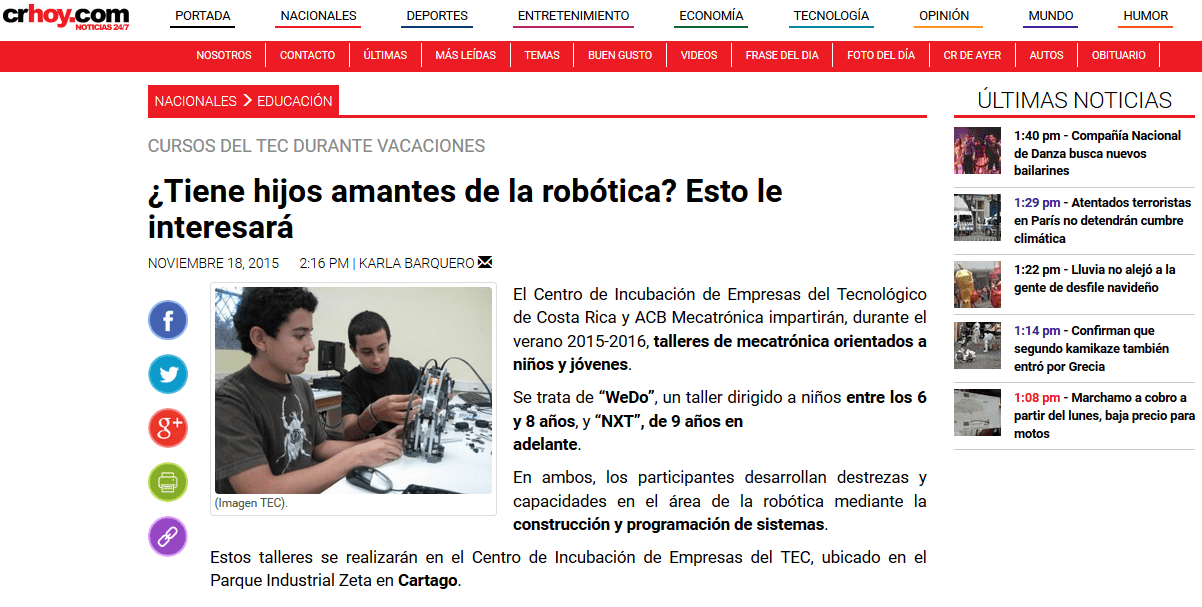 Tec En Los Medios Cursos De Mecatronica Para Ninos Cartago Ecoturistico Y Noche En Blanco Destacan En Las Noticias Hoy En El Tec