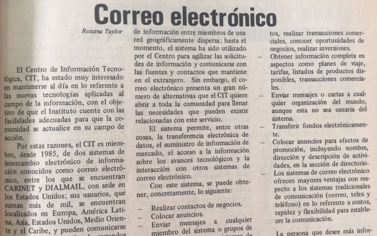 Hace 30 años llegó el correo electrónico al TEC. Periódico institucional Estructura. Primera quincena de mayo de 1987. 