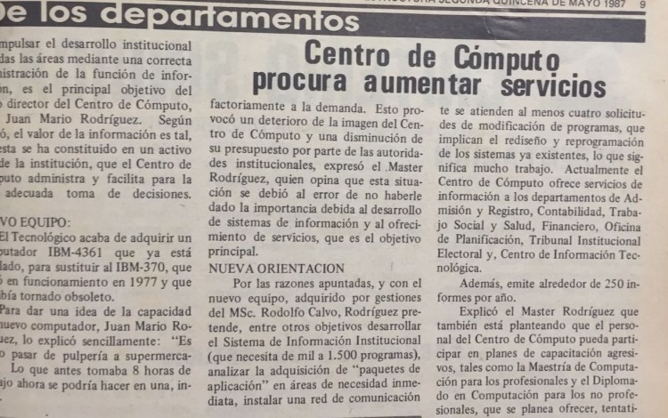 TEC anuncia la adquisición de una computadora la IBM - 4361. Periódico institucional Estructura. Primera quincena de mayo de 1987. 