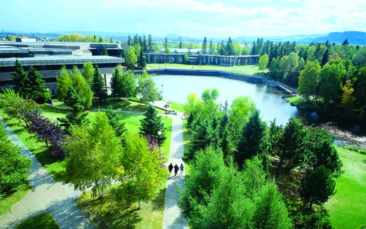 campus universitario con lago y árboles al fondo