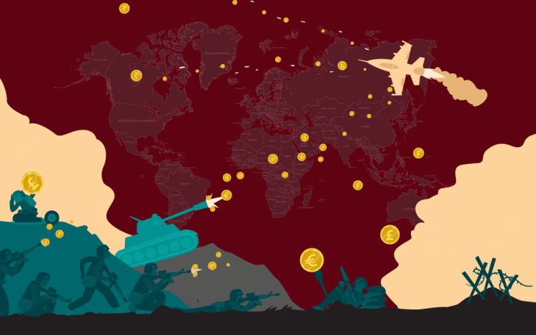 imagen ilustrativa de tanques y aviones que disparan dinero en mapa