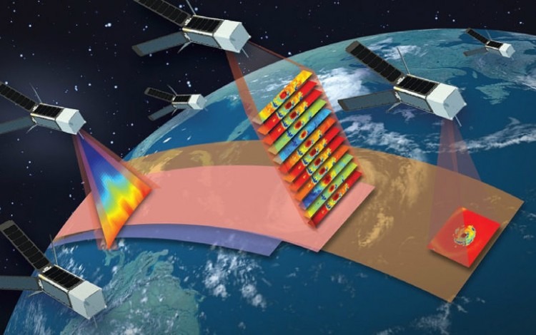 Ilustración de varios satélites alrededor de la Tierra.