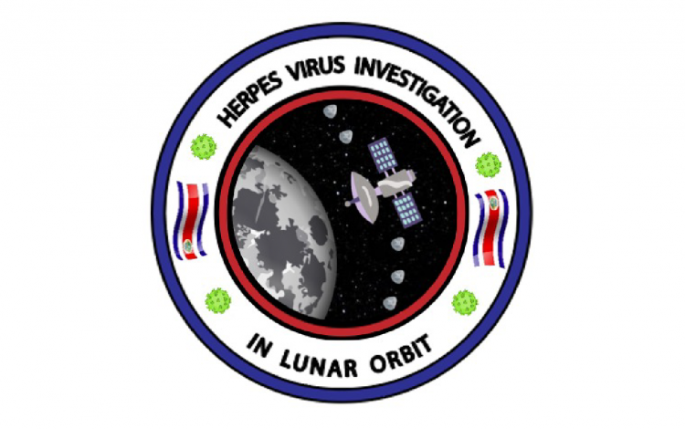 Escudo de la propuesta de misión, con un satélite orbitando la luna y el texto: Herpes Virus Investigation in lunar orbit.