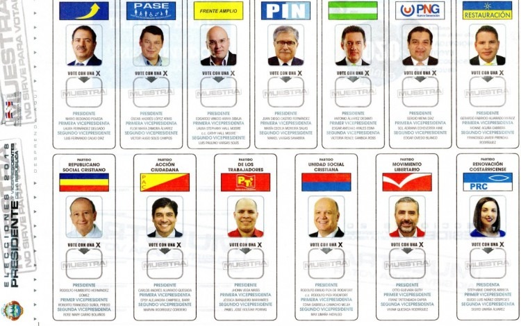 Rostros de los candidatos presidenciales en la boleta de muestra de votación.
