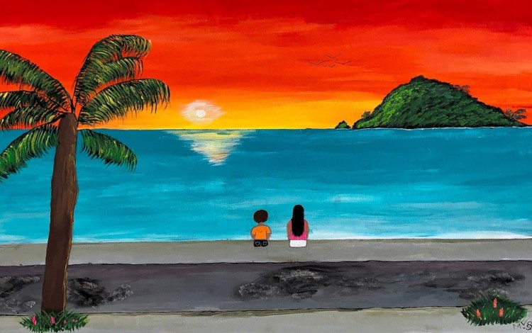 Pintura La maravillosa Uvita donde se aprecia la costa limonense y la isla Uvita al fondo.
