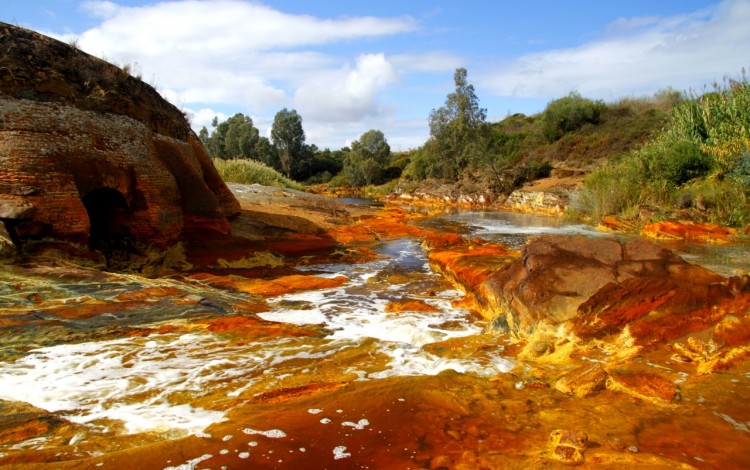 La imagen es una fotografía del río tinto. El objetivo principal de la fotografía es mostrar el color rojizo del agua. 