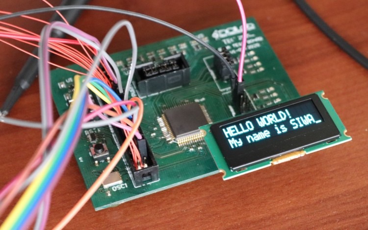 Tarjeta de circuitos, con cables y una pantalla que dice Hello World, My name is SIWA