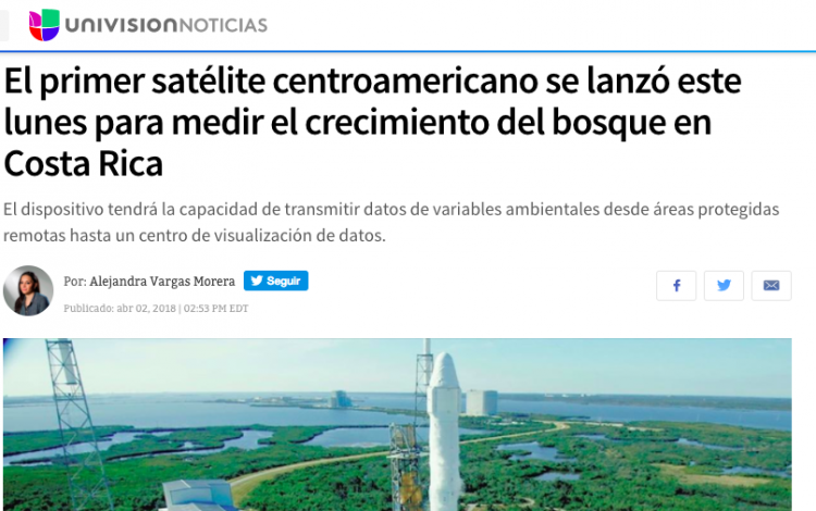 Captura de pantalla de la noticia de Univisión, en la que se ve una fotografía del cohete Falcon 9.