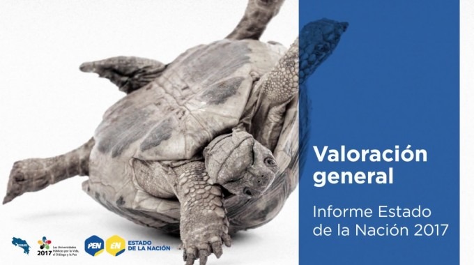Imagen de una tortuga acostada de lado con sus pies y manos hacia arriba. La imagen lleva un título que dice Estado de la Nación.