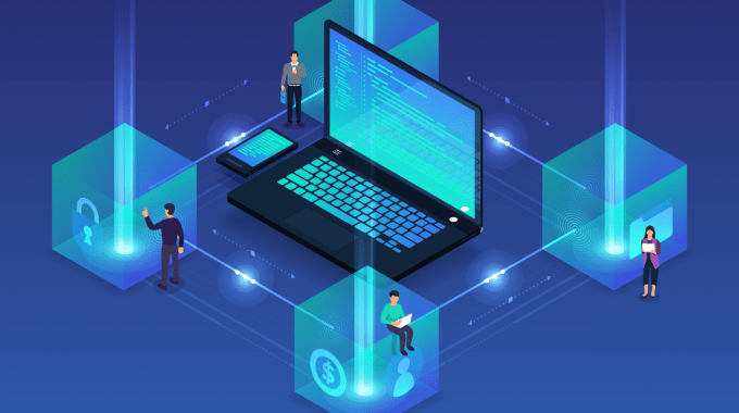 Ilustración de una computadora gigante y varias personas manejando bloques de información.