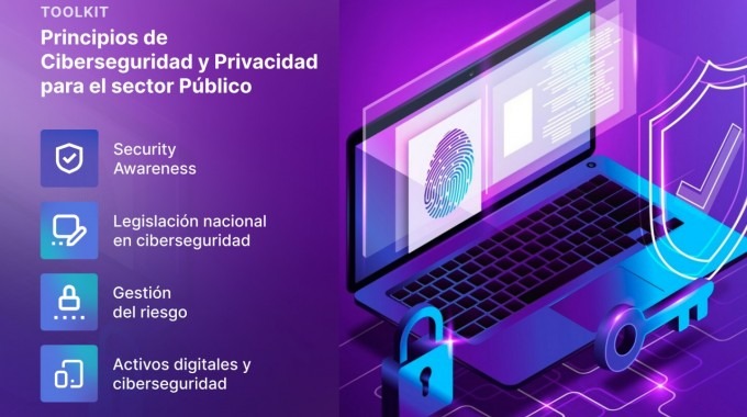 Imagen con el menú del curso con los apartados de Security Awareness,  Legislación nacional en ciberseguridad, Gestión del riesgo, y Activos digitales y ciberseguridad. 