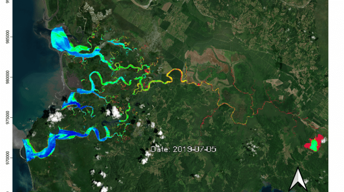 imagen satelital con marcadores de colores sobre la cuenca.