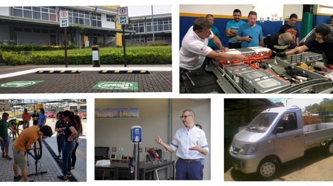 Collage de cargadores eléctricos, vehículos  y bicicletas eléctricas. También hay varias personas reparando un vehículo y unas bicicletas.