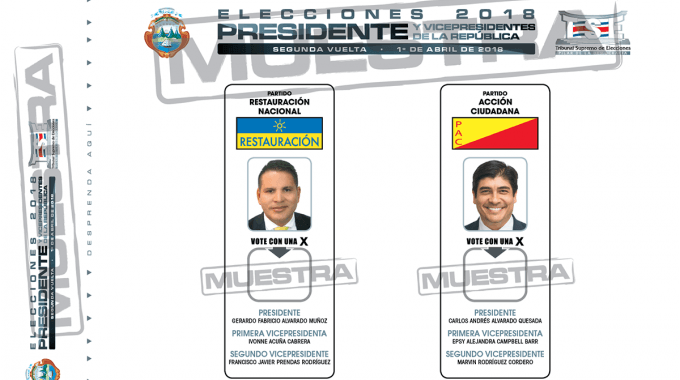 Muestra de papeleta para las elecciones presidenciales, Fabricio Alvarado a la izquierda y Carlos Alvarado a la derecha. 