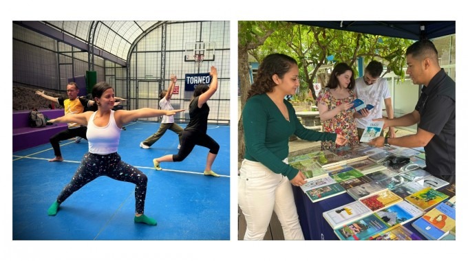 Mujeres haciendo yoga y una joven viendo libros.