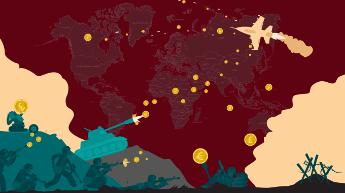 imagen ilustrativa de tanques y aviones que disparan dinero en mapa