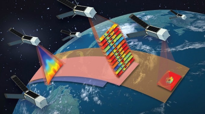 Ilustración de varios satélites alrededor de la Tierra.