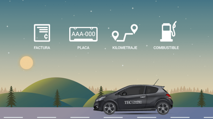 Imagen de un carro por la carretera, con íconos en el cielo de placa, kilometraje, combustible y factura como recordando que debe de incorporar esos datos siempre en Software de registro. 