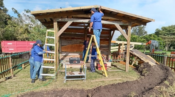 Imagen de varios hombres elaborando el pesebre del TEC.