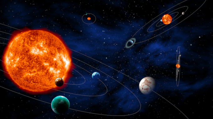 La imagen muestra el sistema solar. Y otros universos. Es una imagen ilustrativa. 