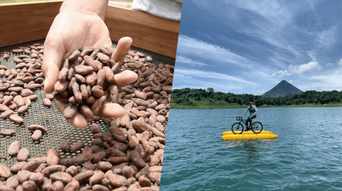 Dos imágenes, a la izquierda una mano mueve cacao seco y a la derecha una persona realiza turismo en la Laguna del Arenal.