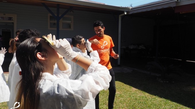 Jóvenes observando una muestra en un microscopio de papel.