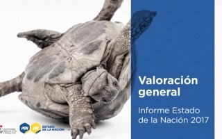 Imagen de una tortuga acostada de lado con sus pies y manos hacia arriba. La imagen lleva un título que dice Estado de la Nación.