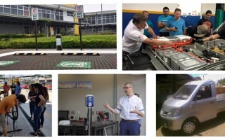 Collage de cargadores eléctricos, vehículos  y bicicletas eléctricas. También hay varias personas reparando un vehículo y unas bicicletas.