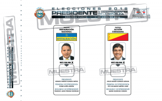 Muestra de papeleta para las elecciones presidenciales, Fabricio Alvarado a la izquierda y Carlos Alvarado a la derecha. 