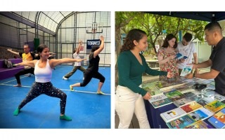 Mujeres haciendo yoga y una joven viendo libros.