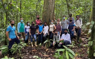 imagen de varios estudiantes realizando trabajos de campo de medición de árboles.