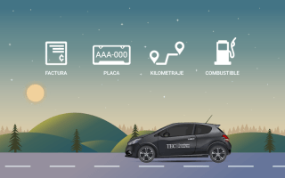 Imagen de un carro por la carretera, con íconos en el cielo de placa, kilometraje, combustible y factura como recordando que debe de incorporar esos datos siempre en Software de registro. 
