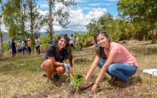 dos mujeres jóvenes sembrando un árbol