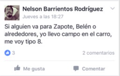 Barrientos publica en el grupo EstudiantesTEC para hacer viaje compartido de regreso a su hogar en Alajuela. (Tomado de Estudiantes TEC)