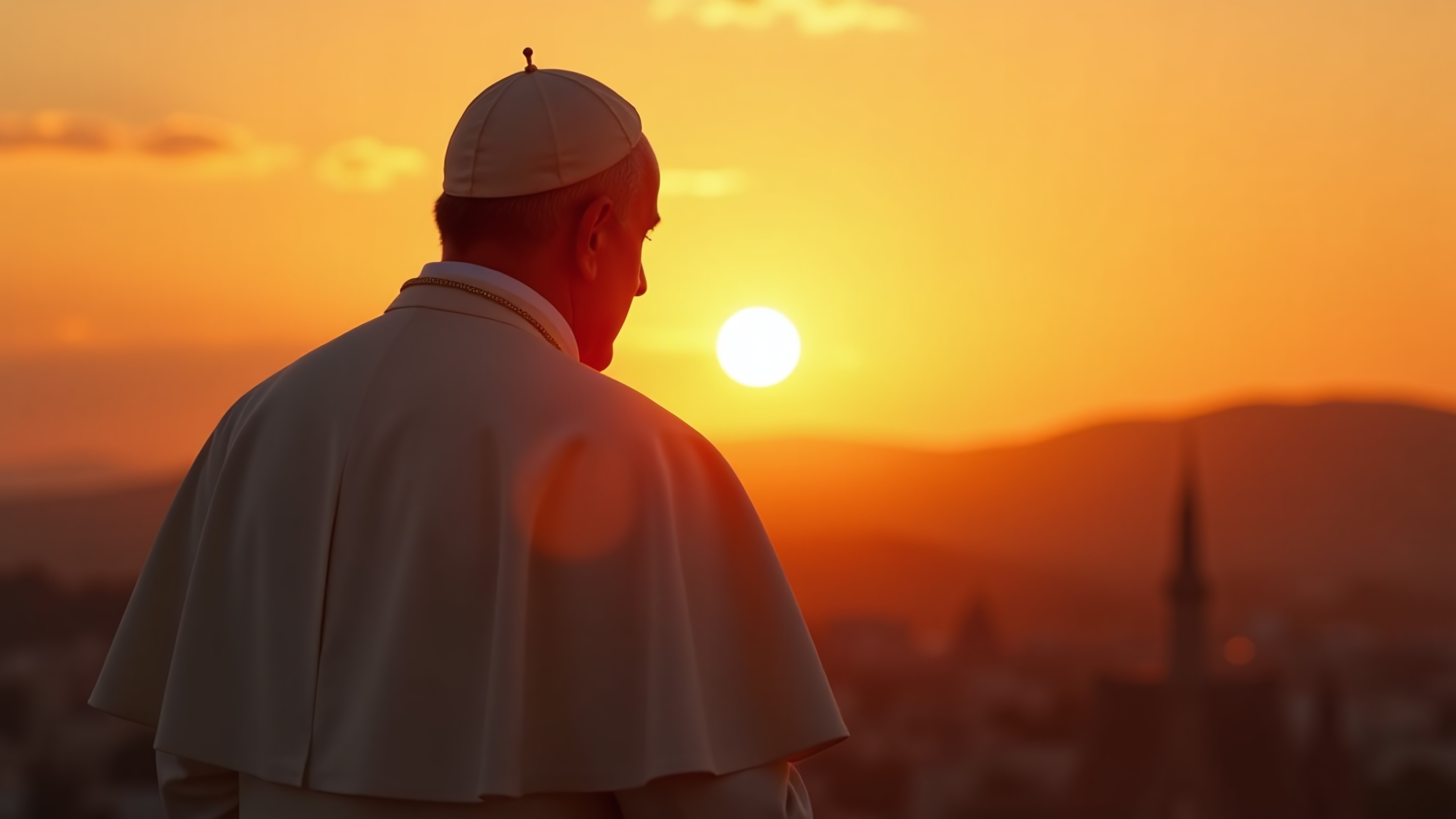 Imagen generada artificialmente del papa Francisco contemplando un amanecer