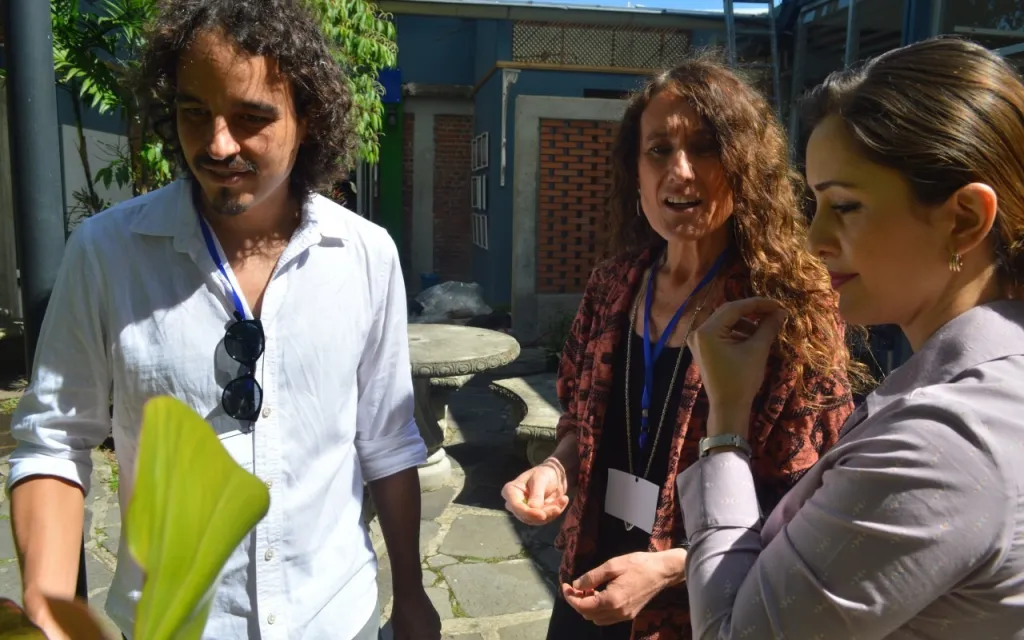 Durante el recorrido por el Campus del TEC en San José, los observadores externos Mario Villalta y Carolina Montt se detuvieron a reconocer algunas plantas aromáticas. Los acompaña (a la derecha) Marilyn Sánchez, coordinadora de la Unidad de Gestión Administrativa del TEC San José. Foto: Fernando Montero / OCM.