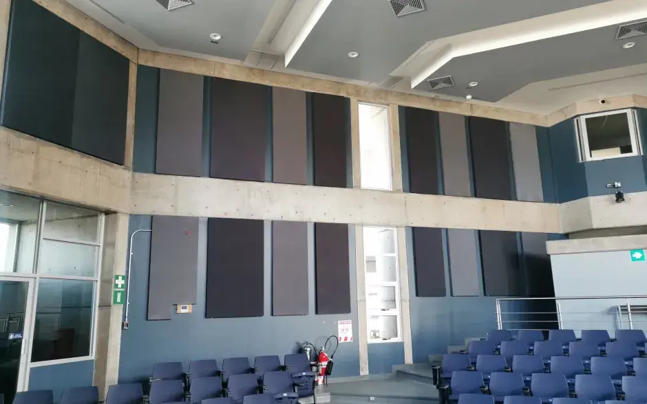 Imagen del interior del auditorio enfocando a los paneles