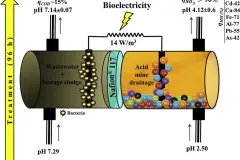 Funcionamiento de celda de combustible microbiana, Fuente: L. S. Vélez-Pérez et al., “Industrial acid mine drainage and municipal wastewater co-treatment by dual-chamber microbial fuel cells,” Int. J. Hydrogen Energy, vol. 45, no. 26, pp. 13757–13766, May 2020, doi: 10.1016/J.IJHYDENE.2019.12.037.