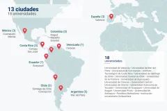 Mapa con los 8 países y 13 ciudades donde se realizaron las 24 reuniones de la Red Motiva (México, Costa Rica, Colombia, Venezuela, Ecuador, Chile, Argentina y España)