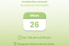 Es un afiche sobre la campaña de recolección de residuos valorizables "Concientizados" que se realizará el martes 26 de mayo en el Parqueo del Centro de las Artes en Campus Tecnológico Central Cartago