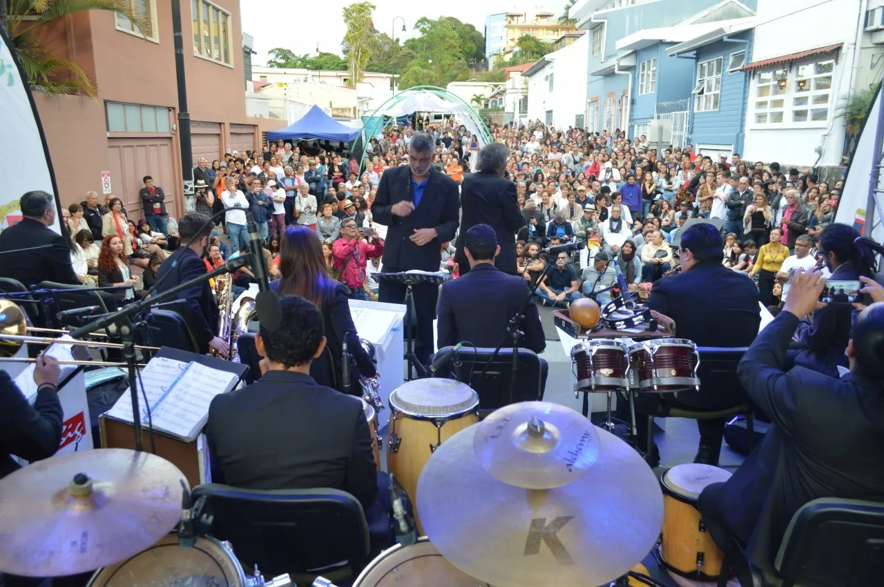 foto tomada desde atrás del escenario durante el concierto
