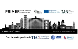 Encabezado gráfico del evento académico en La Habana, Cuba, el 10 de septiembre de 2025. En la parte superior aparecen los logotipos de Tuning TODOS, la Unión Europea (cofinanciadora), y la Junta de Acreditación Nacional. En el centro se observa una silueta en blanco y negro de edificios icónicos de La Habana. En la parte inferior se incluyen los logotipos del TEC, la UNED y el SINAES